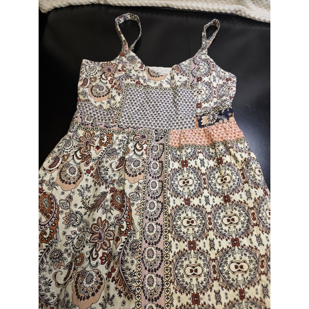 Rachel Zoe 100% Linen Paisley Patchwork Midi Dress Boho Floral Sun Dress Size 6